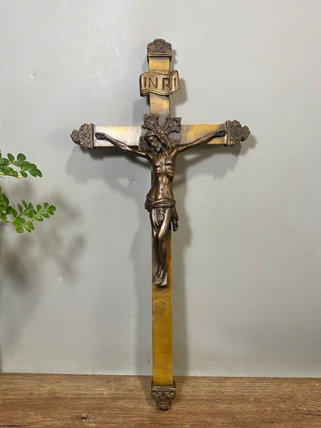 Bronze Jesus Crucifix Sculpture, Religious Bronze Cross Statue for Home or Church Decor
